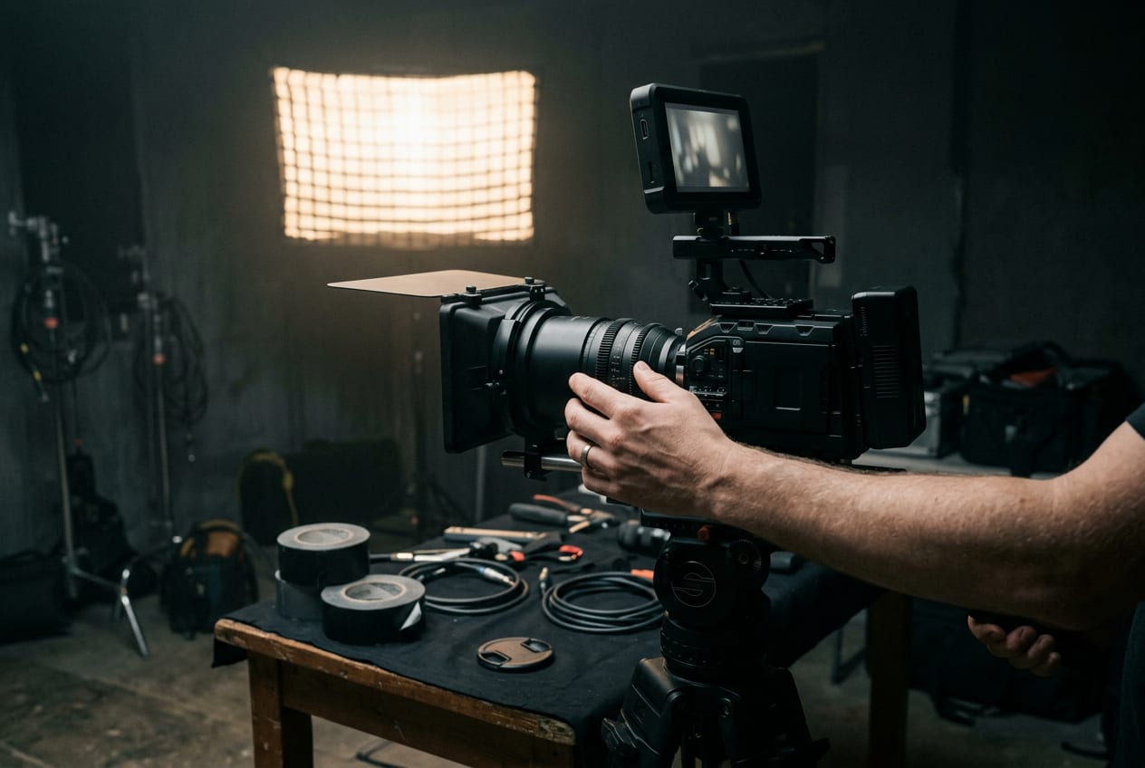 Eine Hand stellt den Fokus an einer Filmkamera auf einem Stativ ein, im Hintergrund leuchtet eine Softbox.