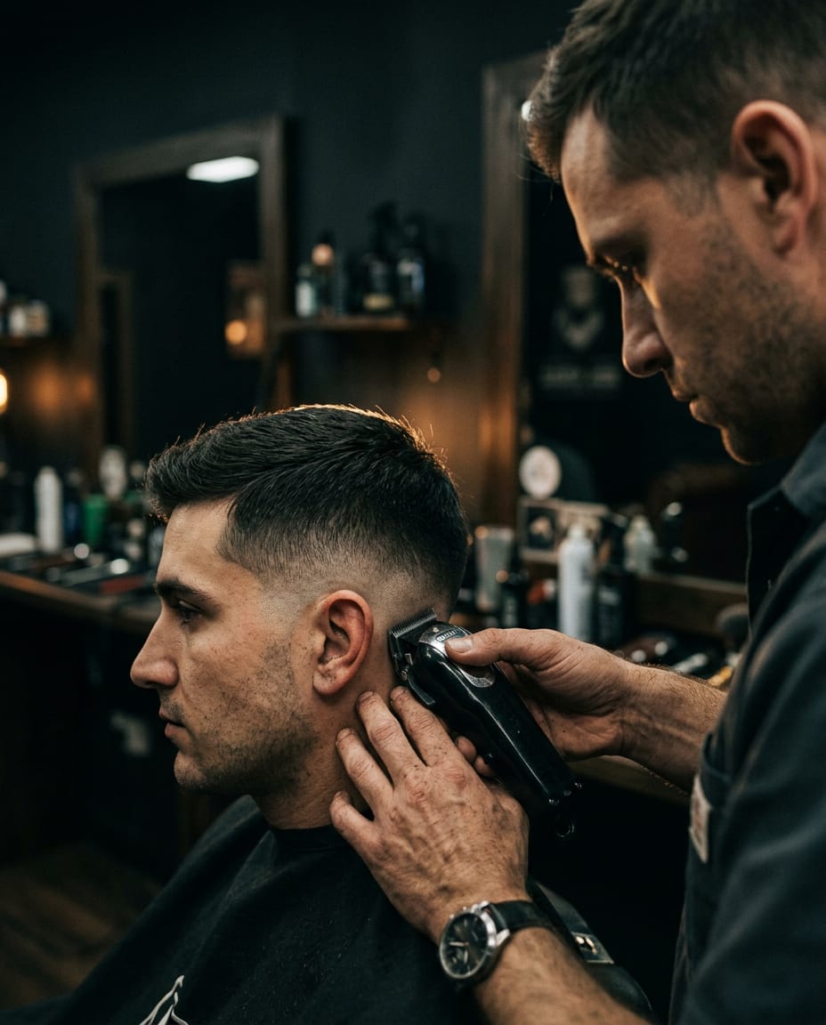 Ein Barbier schneidet einem Kunden mit der Haarschneidemaschine einen Fade.