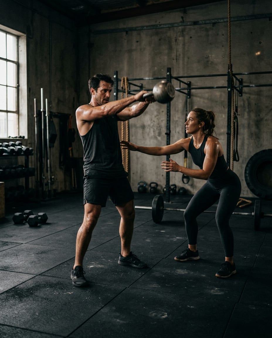 Ein Trainer begleitet eine Person bei einer Kettlebell-Übung.