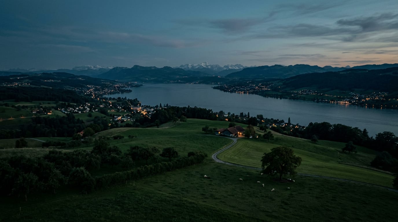 Blick vom Zimmerberg über den Zürichsee zur blauen Stunde, mit Dörfern am Ufer und den Alpen am Horizont.
